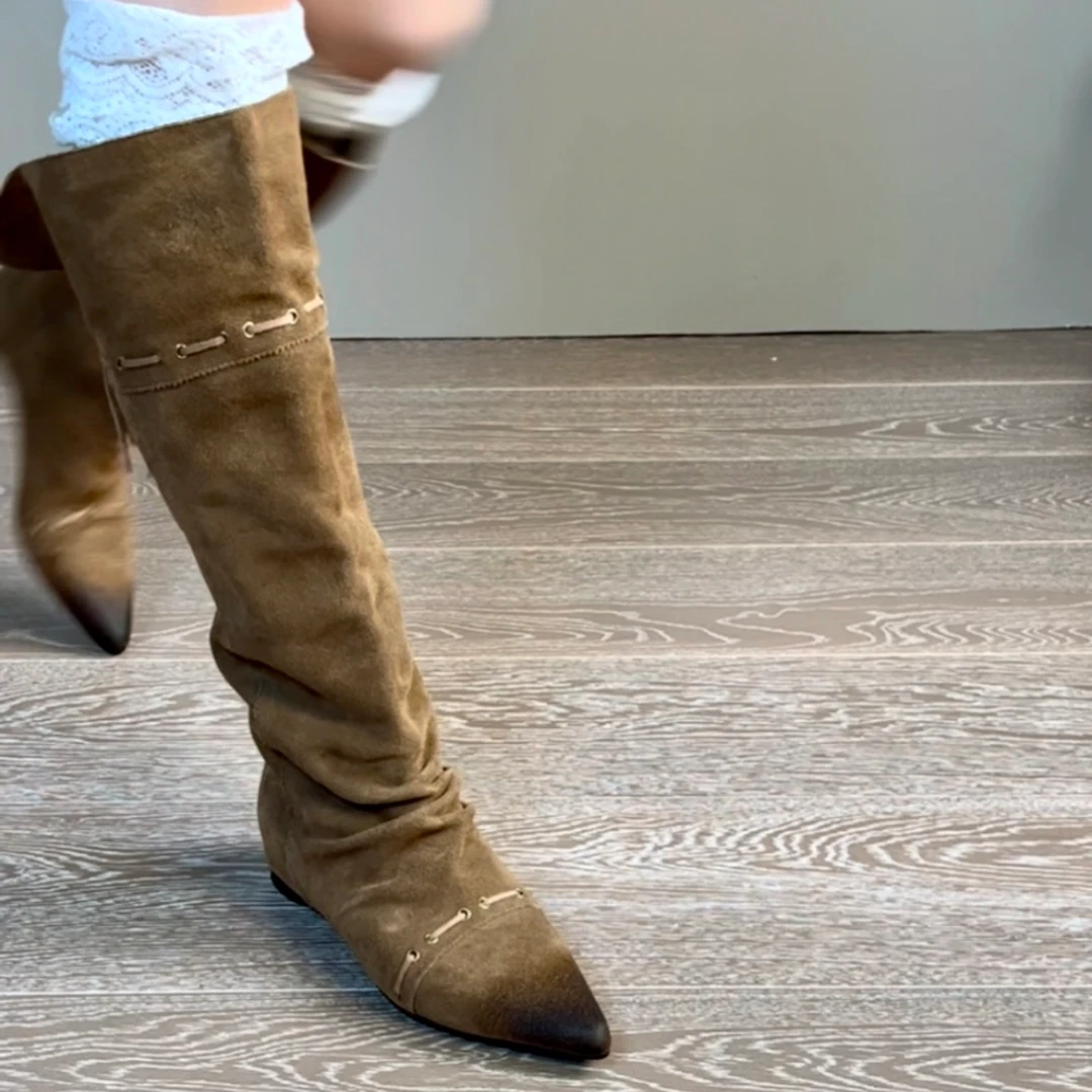 4CM牛翻皮小众时尚尖头真皮堆堆靴内增高长筒及膝靴气质百搭女鞋