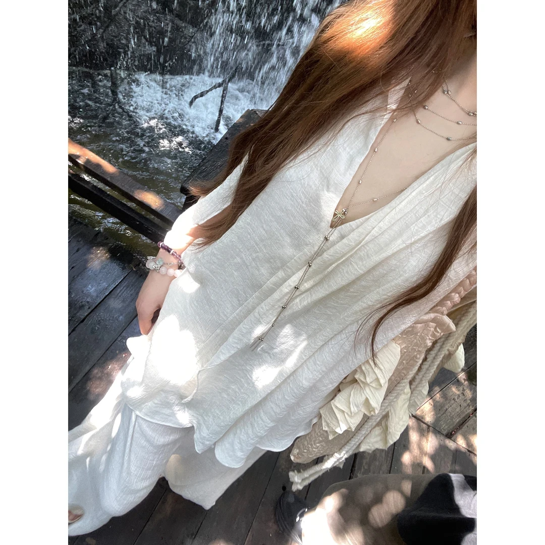 夏季禅意挂脖宽松上衣+舒适透气长裤两件套慵懒松弛感套装女1117