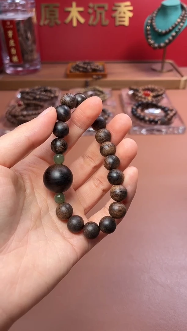 沉香手串沉水富森红土瘿子瘤疤10配芽庄瘿子瘤疤白棋18顶珠单圈