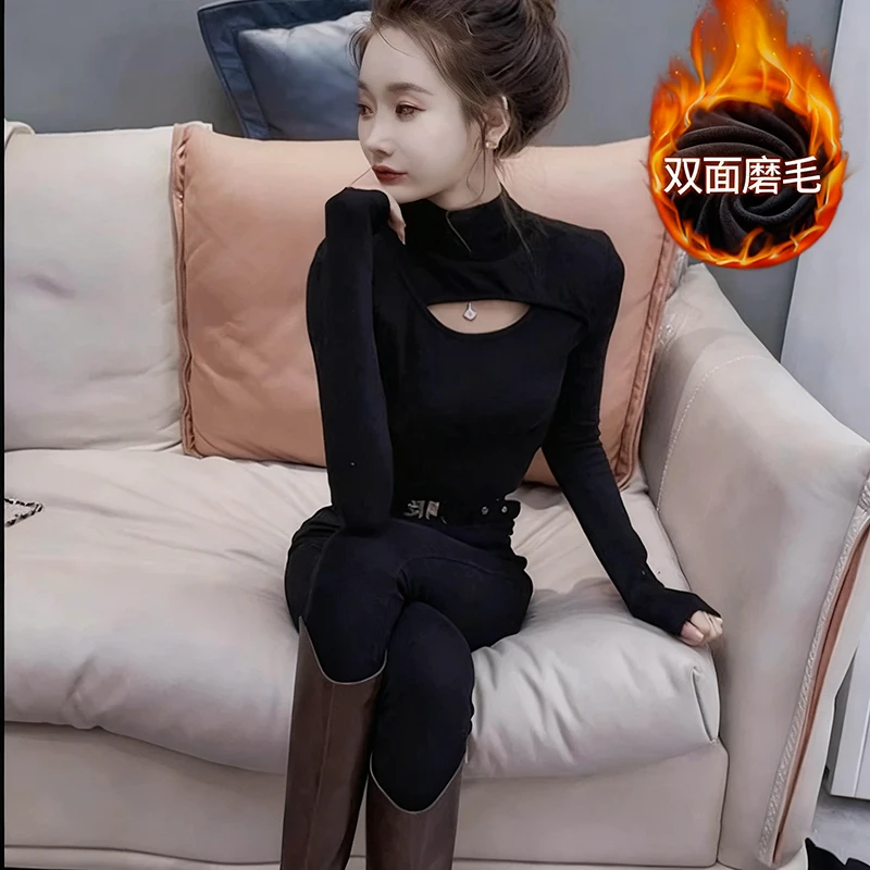 德绒保暖欧货长袖恤女秋冬新款显瘦镂空半高领内搭上衣洋气打底衫