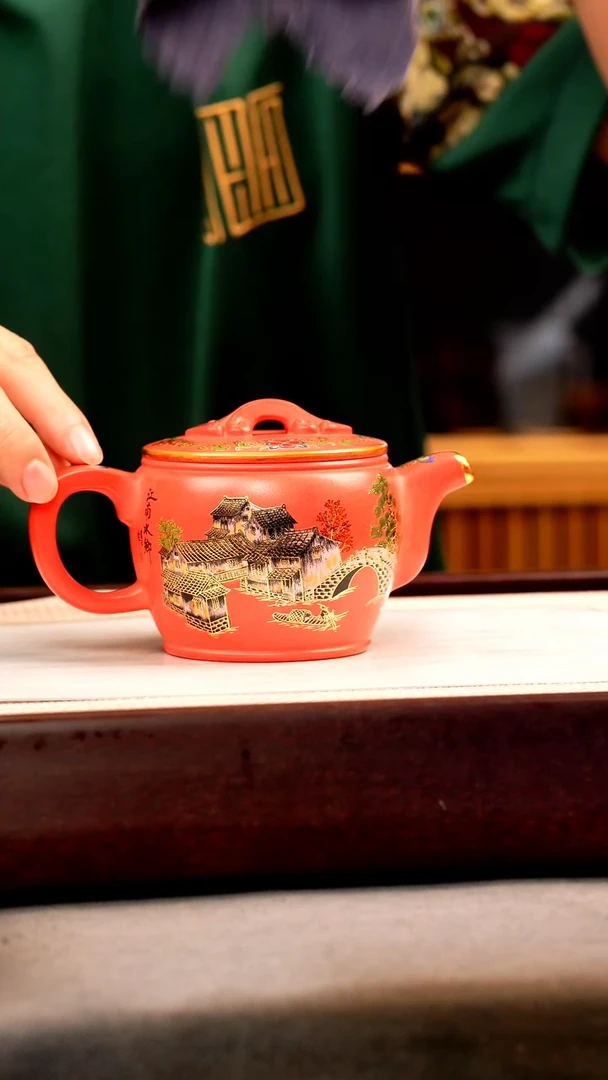 茶壶紫砂玫红朱泥 汉瓦 忆江南珐琅彩