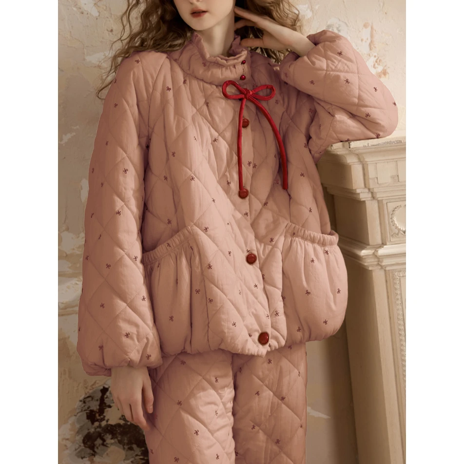 韩系简约三层夹棉毛绒绒睡衣女冬季新款保暖家居服套装可外穿