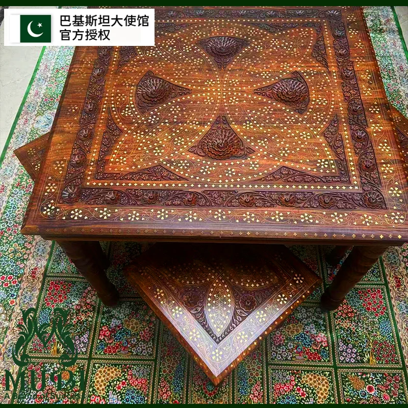 巴基斯坦木质雕刻方桌方凳套装高端大气木制家具90CM*90cm