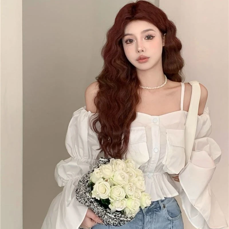一字肩泡泡袖衬衫女2025秋季设计感小众法式白色甜美别致衬衣上衣