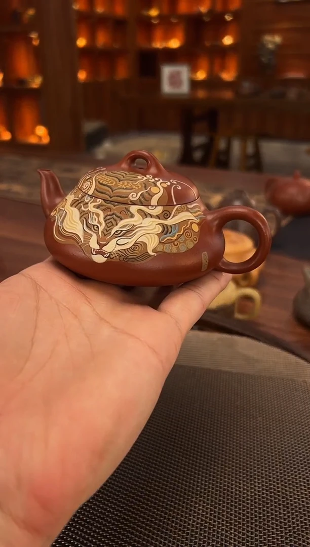 茶壶紫砂?****?朱泥汉堂紫砂壶敦煌虎