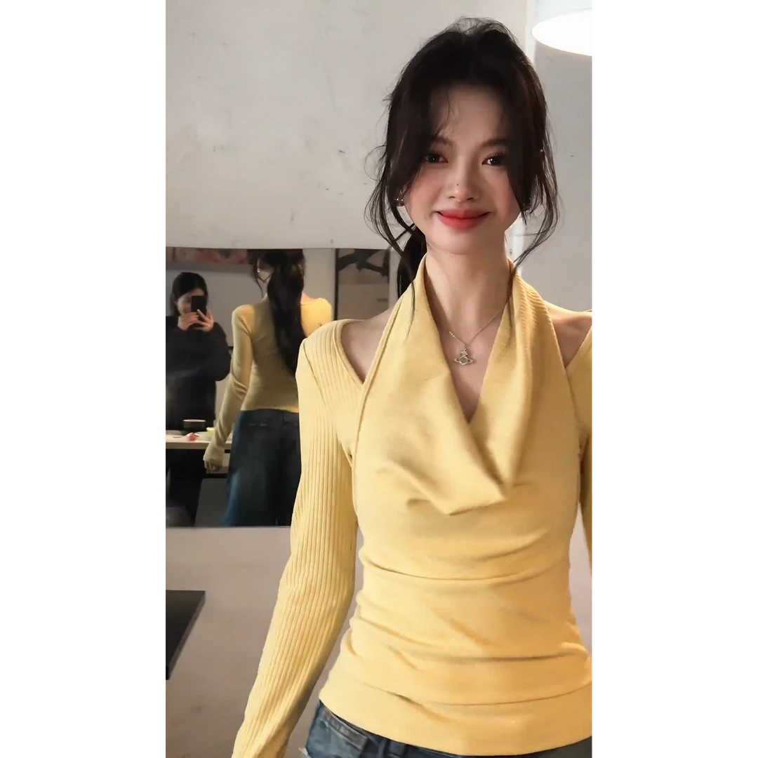 MARIE.COCO黄色打底衫女春季性感内搭t恤设计感纯欲修身辣妹上衣
