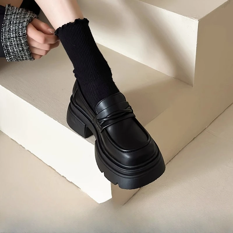 厚底乐福鞋女2025新款爆款鞋子增高女鞋英伦风小皮鞋女款黑色单鞋