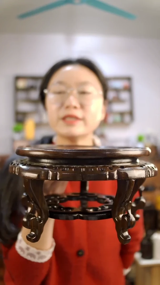 香榧木黑檀木圆形镂空海棠几座茶几香几圆形花瓶底座尺寸【两个】