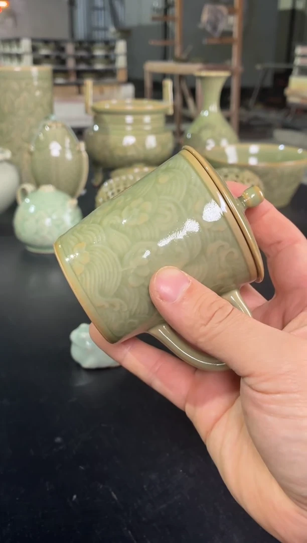 耀州窑仰山天青落花流水咖啡杯