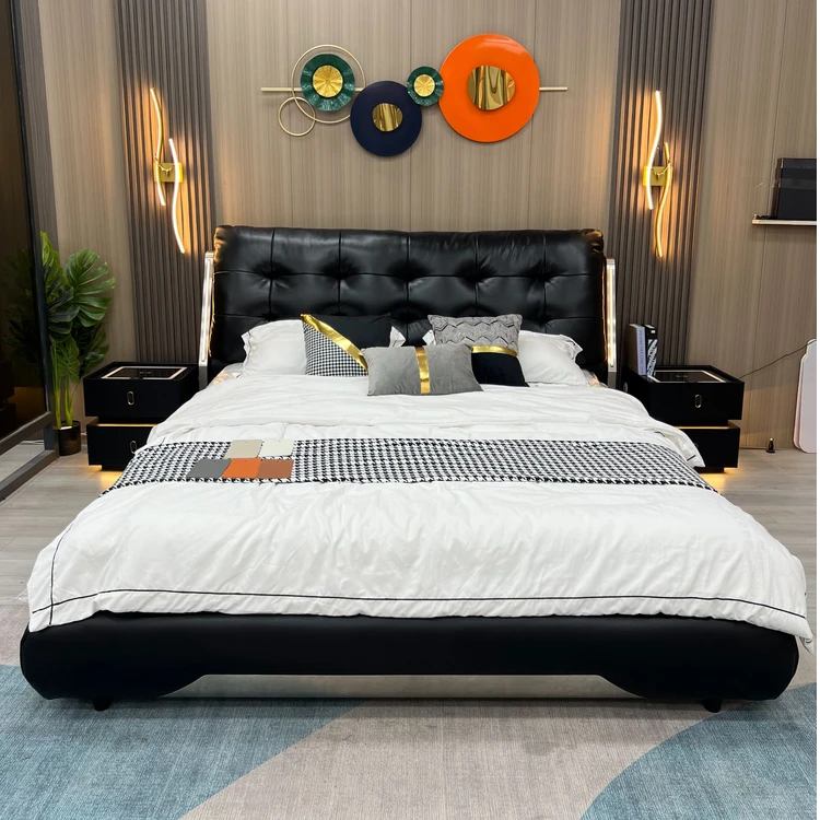 【2024主卧新款】双人主卧真皮婚床1.8m软包意式头层牛皮床轻奢简约