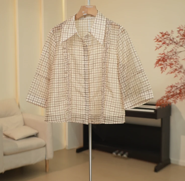 YS035 木耳边装饰短款中袖格子衬衫女 1341S11055