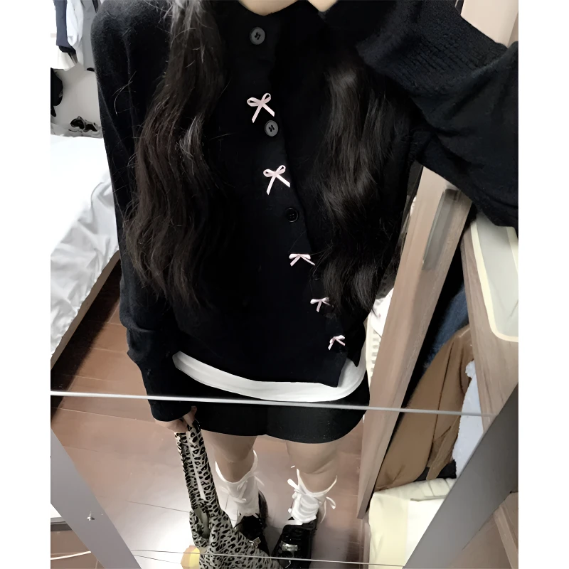 【清F1006-70866】甜美辣妹休闲秋季斜领排扣蝴蝶结针织开衫上衣