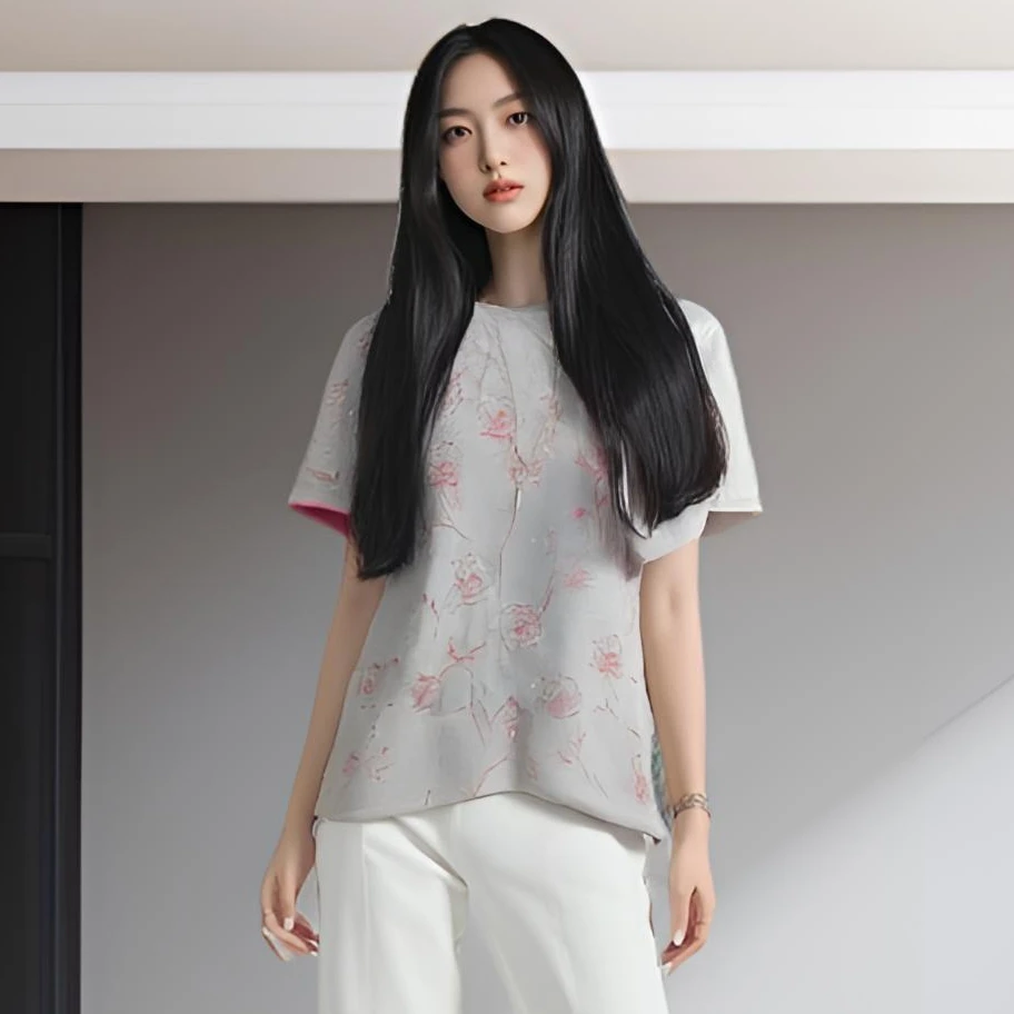 夏季新款圆领短袖撞色玫瑰设计感小衫遮肉显瘦百搭上衣