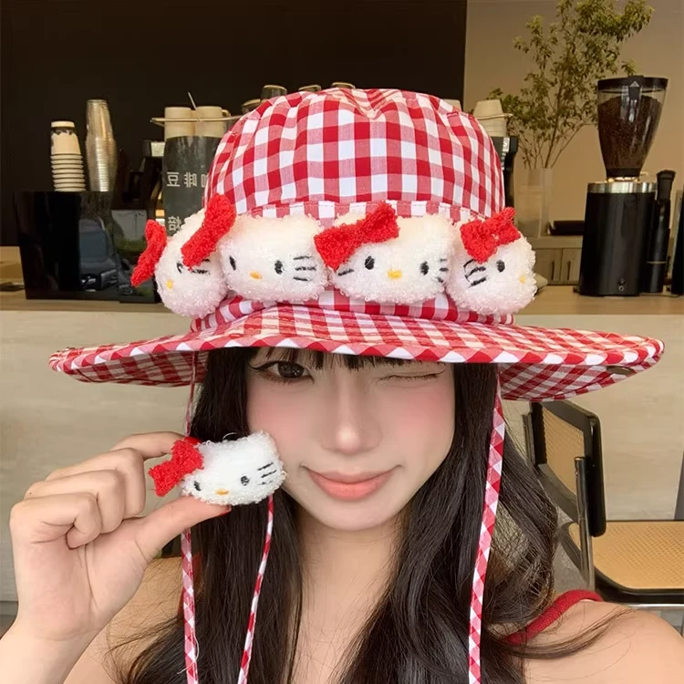 可爱kitty猫红色格子渔夫帽女夏甜美百搭大帽檐遮阳防晒帽盆帽TJ