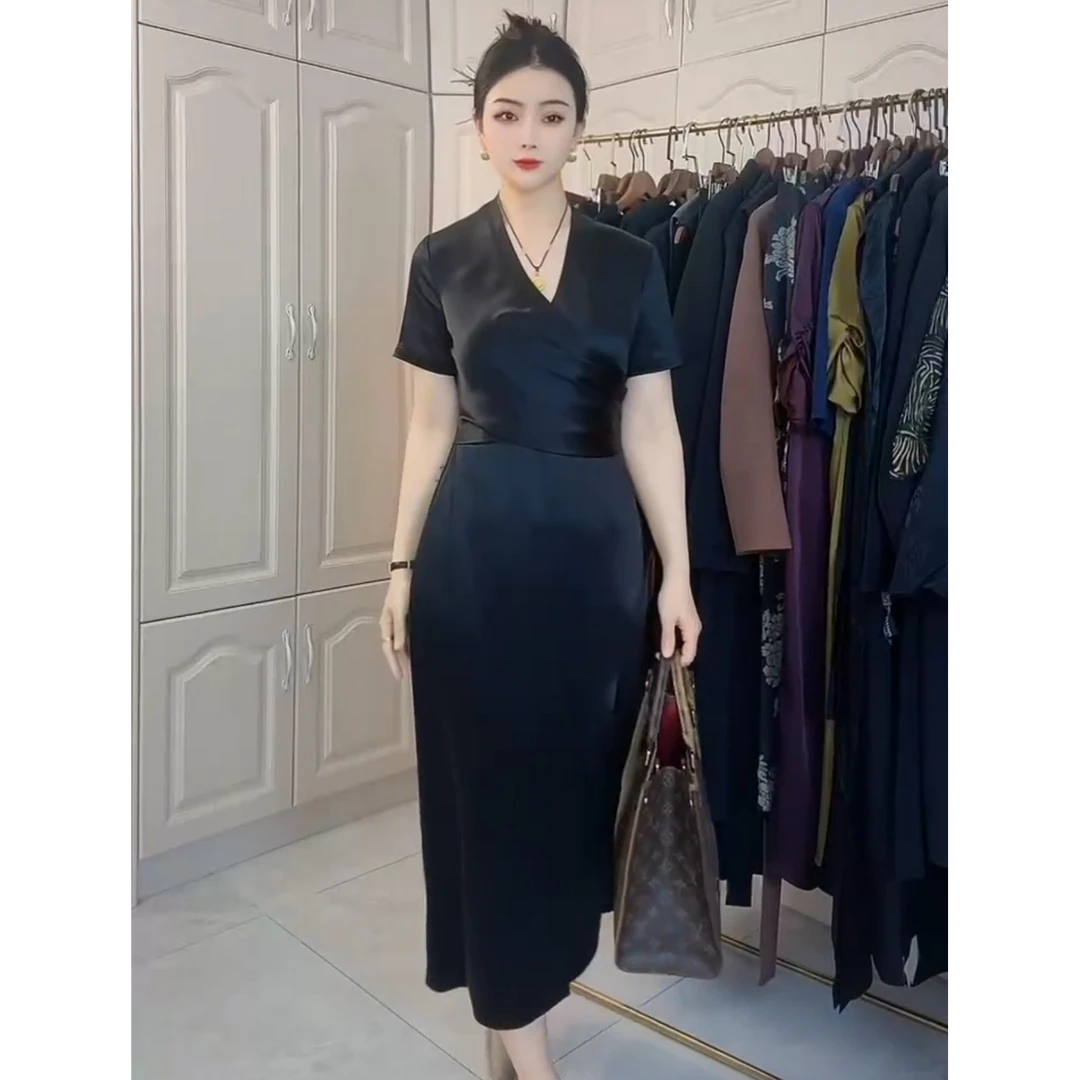 【微瑕】醋酸连衣裙夏收腰显瘦气质A字裙女神范高端洋气裙子2522
