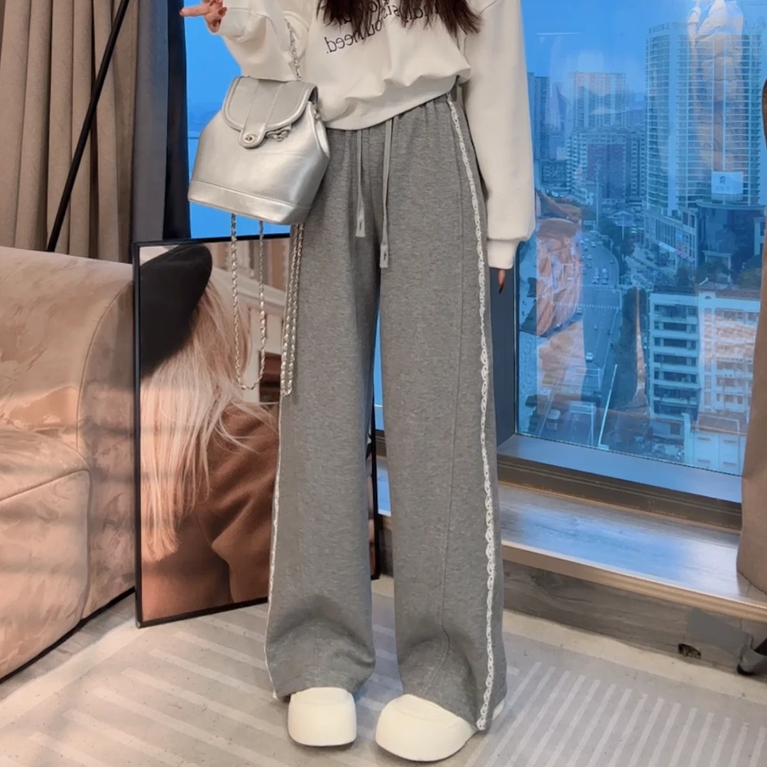 【晓溪服饰】春季新款显瘦阔腿裤高腰休闲裤拼接宽松透气卫裤6021