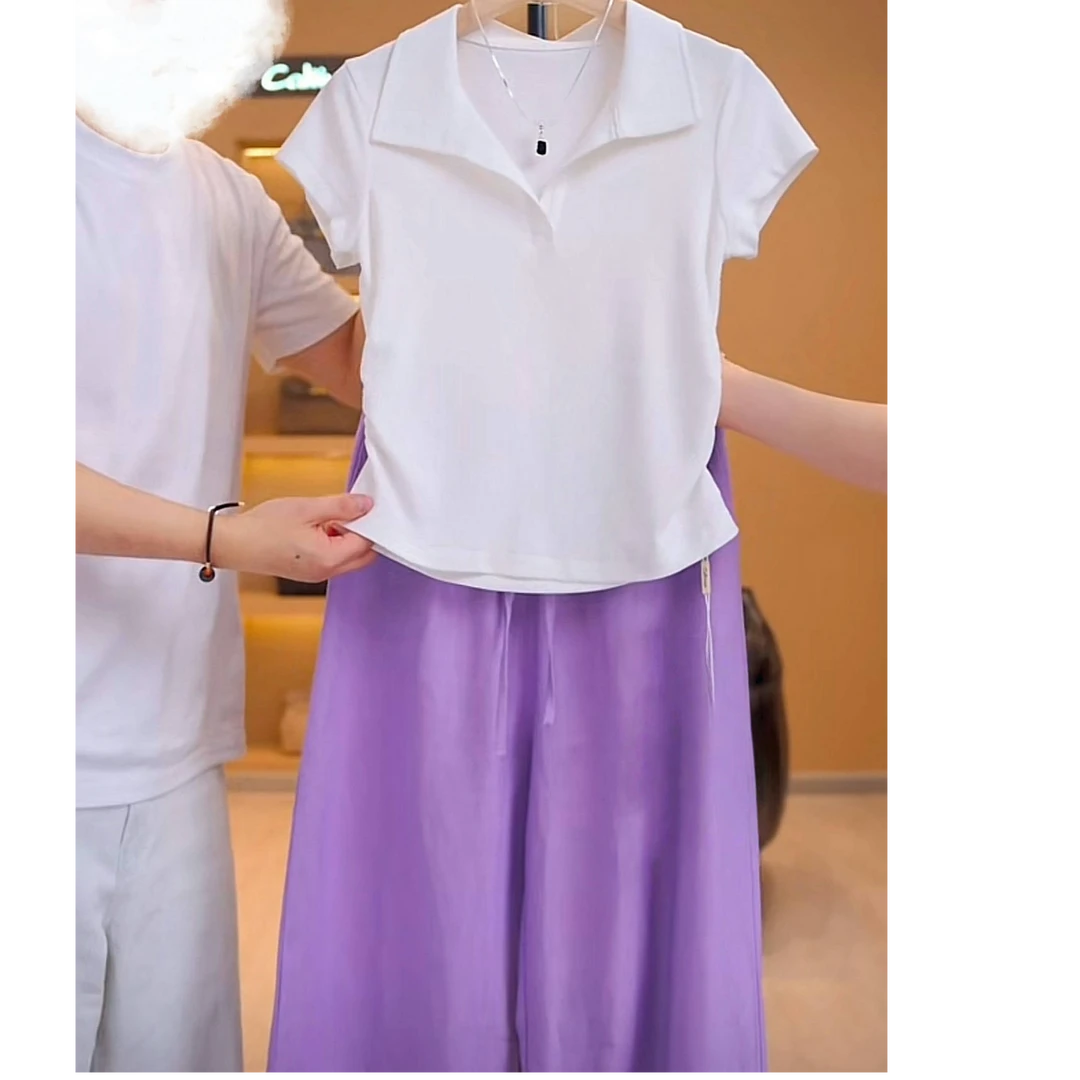 正肩压褶修身显瘦短袖T恤+设计感松紧腰天丝亚麻阔腿休闲裤两件套