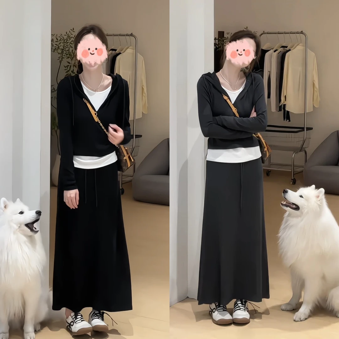 2025软糯亲肤假两件长袖卫衣百搭显瘦半裙时尚显瘦运动两件套常规