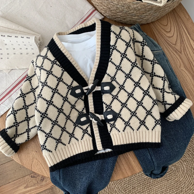 复古开衫毛衣加厚洋气撞色大童加绒新款婴儿毛衣小中大童潮款小孩