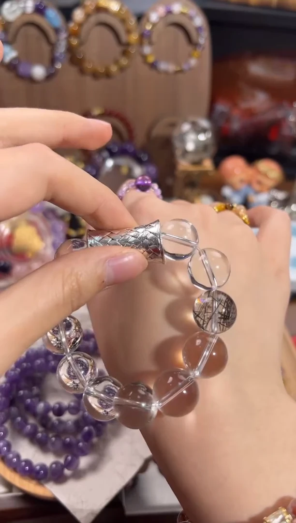 【闪购商品】水晶手链银S925镶嵌白水晶黑发晶