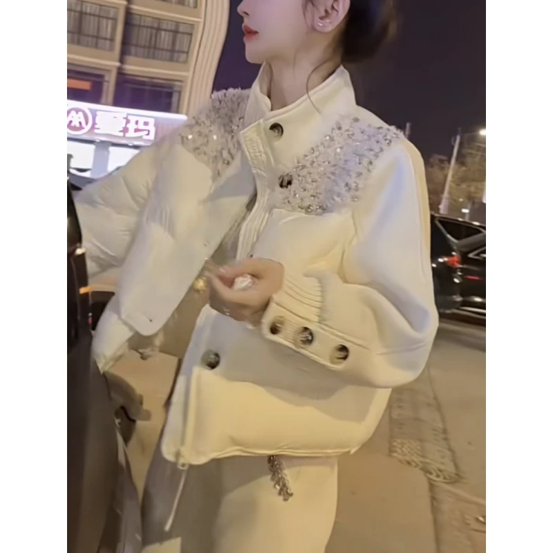 高级设计烫钻拼接立领棉服女2025冬季新时尚显瘦百搭棉袄保暖外套