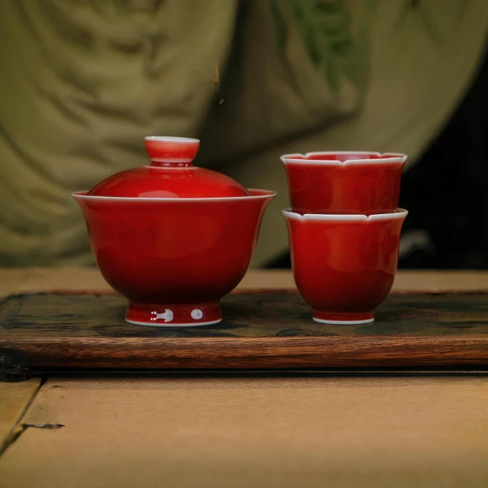 缦云郎红釉手工盖碗中式茶具茶器主人杯 -1*盖＋2*客杯
