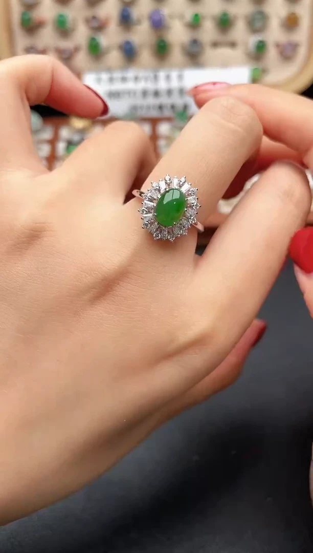 银S925镶嵌戒指翡翠一物一证一礼盒