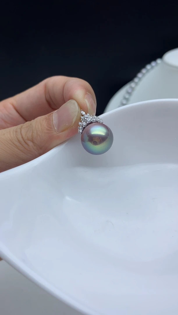 银S925镶嵌FF淡水珍珠紫珠吊坠（赠链）13~14mm
