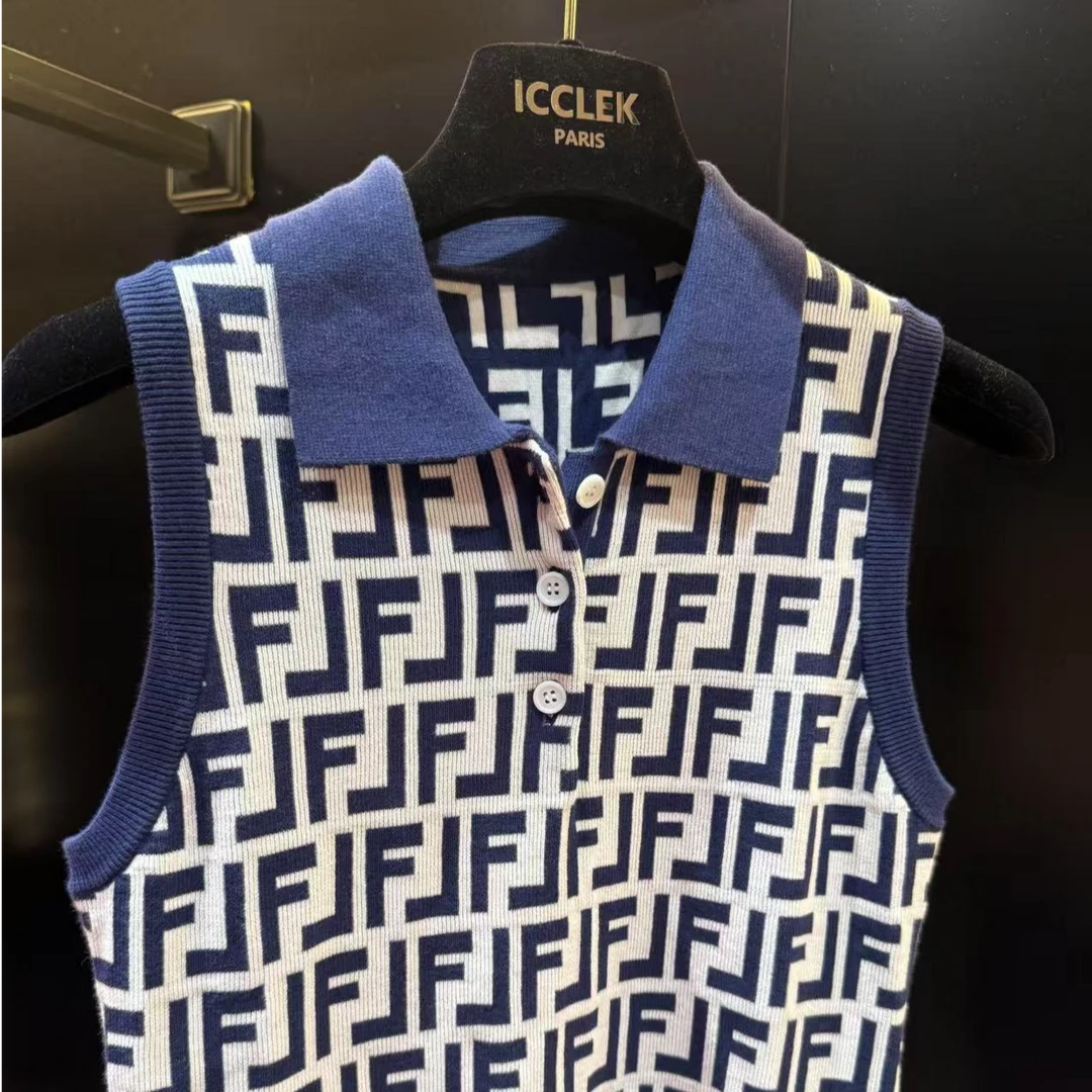 ICCLEK 蓝色翻领无袖连衣裙显瘦气质休闲通勤夏季时尚裙子 - 1399