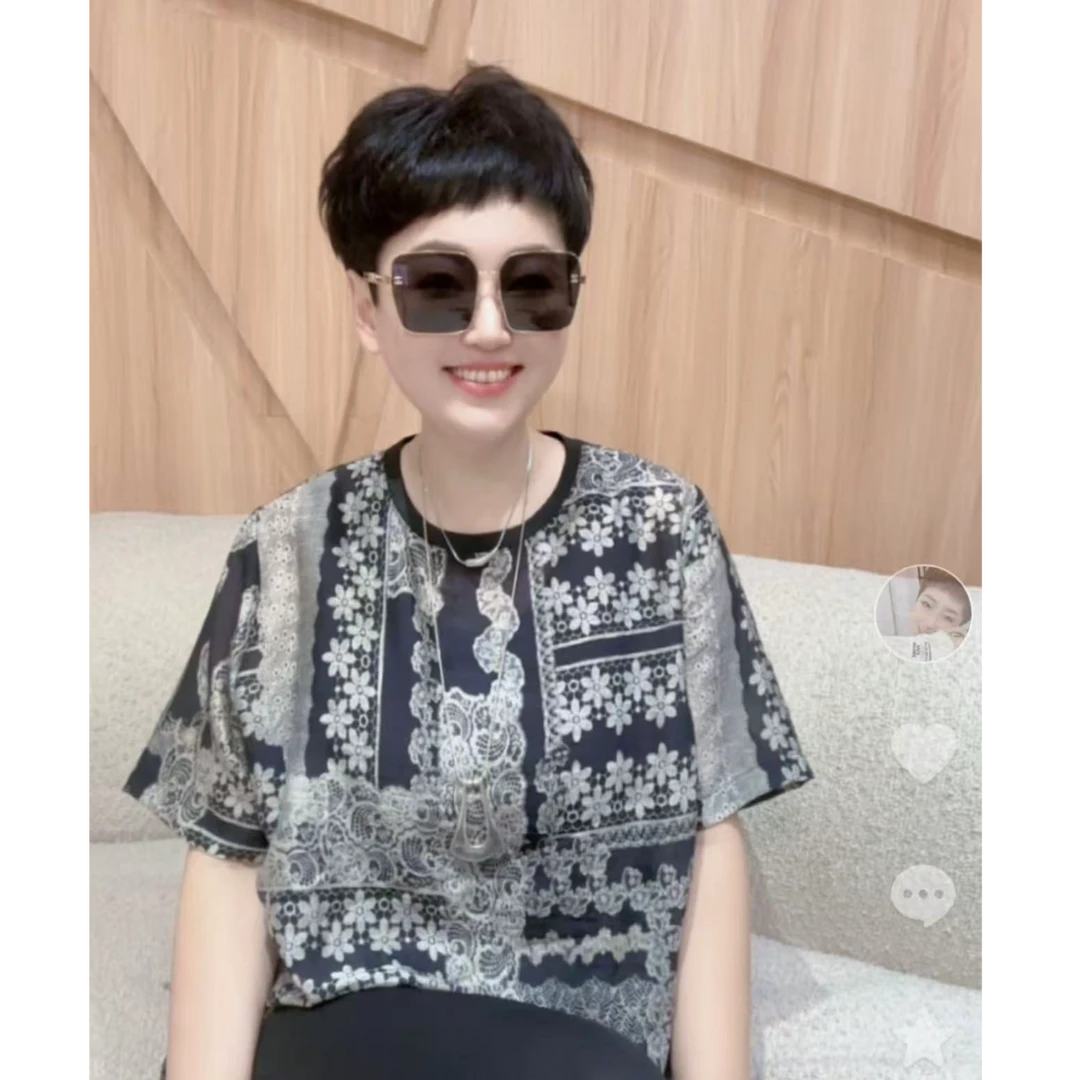 2025年新款天丝麻平纹竹节水印印花时尚休闲百搭圆领T恤【6996】