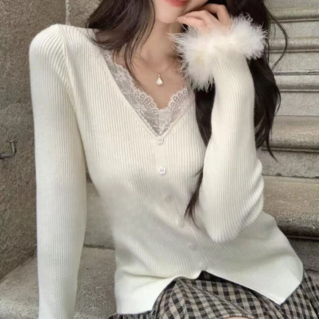 INS风针织冬季厚款短款毛针织衫蕾丝气质网红上衣