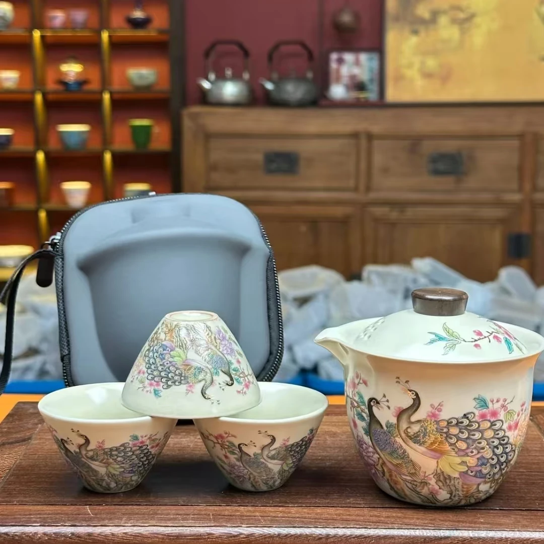 孔雀旅行套装一壶三杯汝窑便携户外露营茶具手抓壶快客KK0391