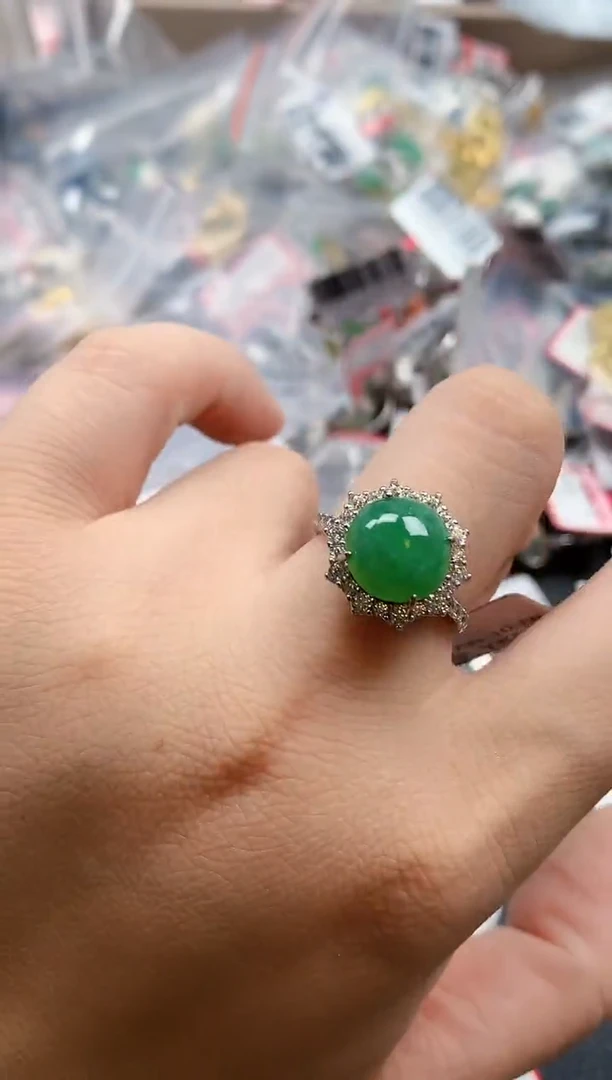银S925镶嵌戒指翡翠天然A货缅甸翡翠