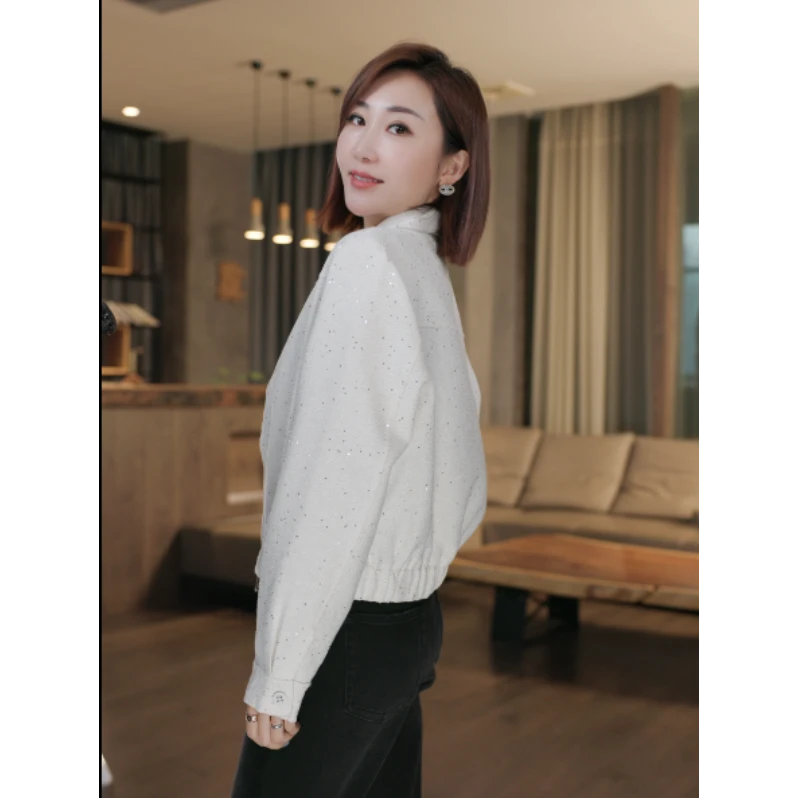 珠片纱进口面料系小香风精致短款休闲外套拉链上衣WZ004-3838