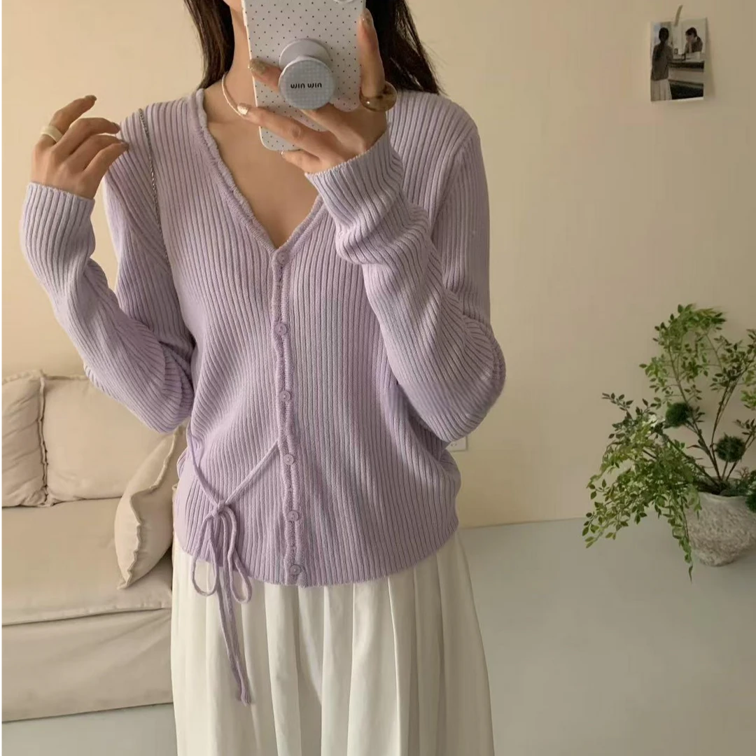 【羽奢时尚】简韩V领气质百搭系带开衫毛衣5840