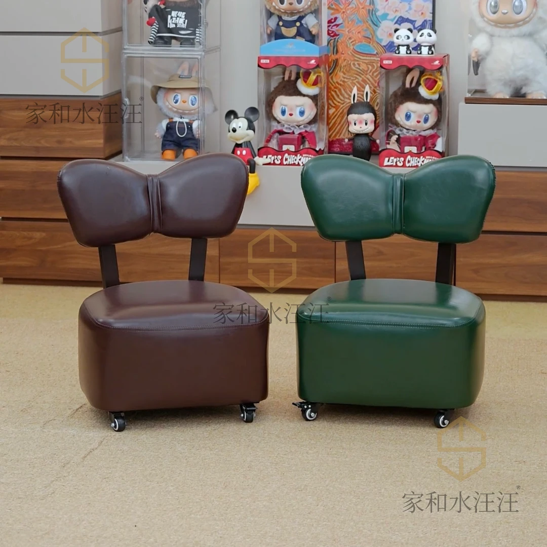 买绿色送棕色【蝴蝶结溜溜椅】轻奢实木软包靠背蝴蝶结创意小椅子