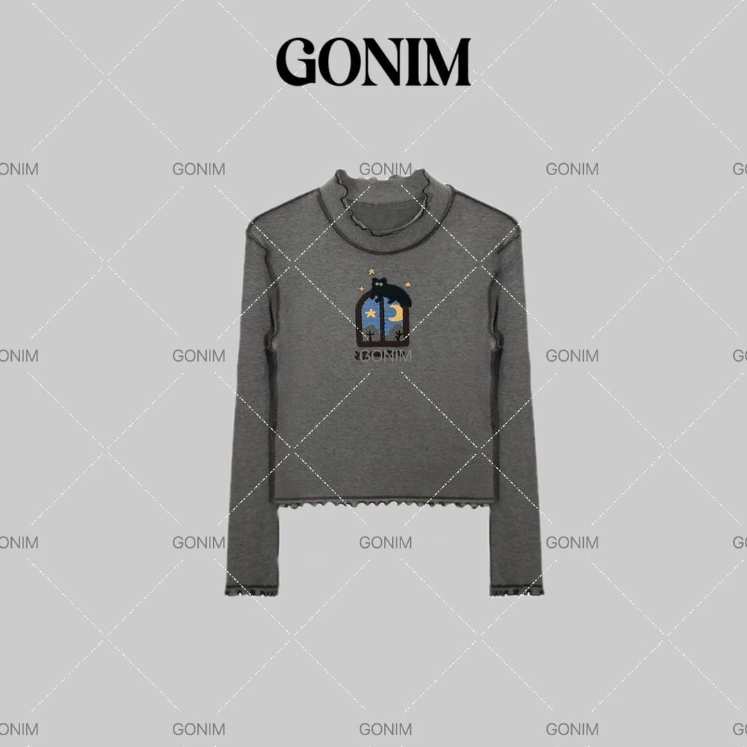 Gonim· “午夜月色“2024秋冬复古长袖修身显瘦印花打底衫圆领T恤女