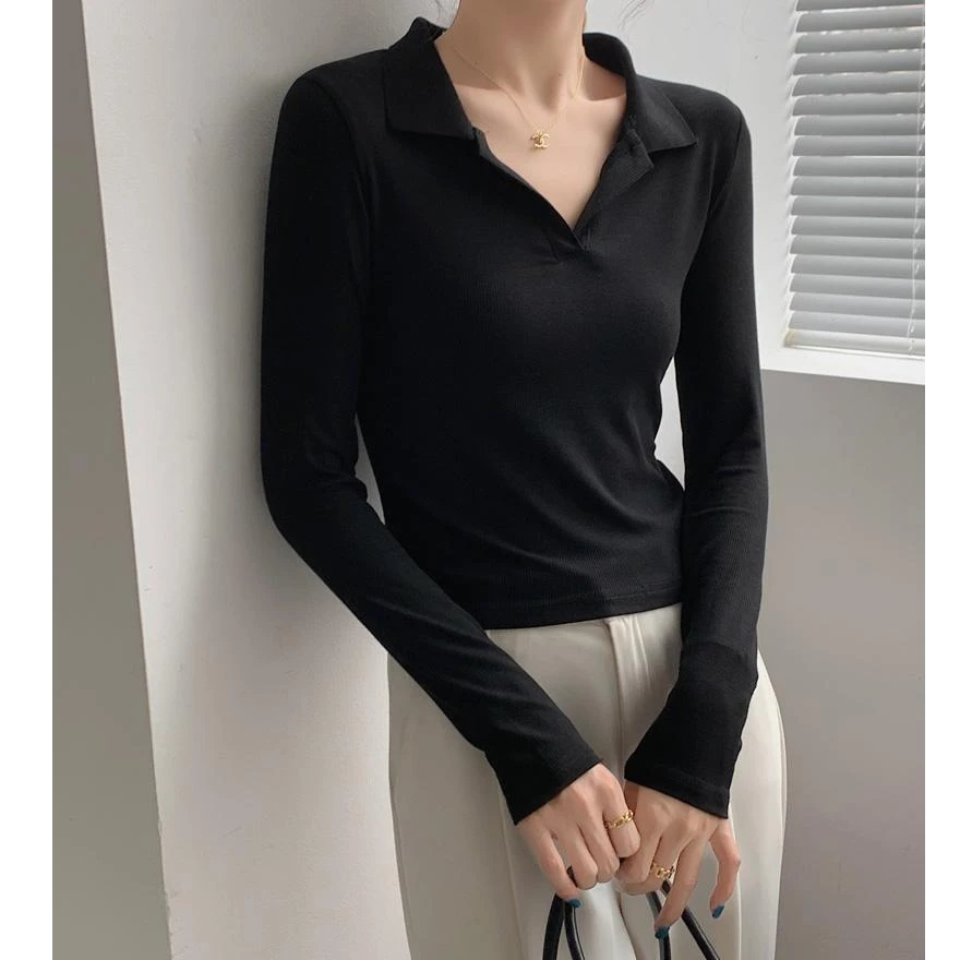 黑色正肩polo领打底衫女内搭洋气小众气质修身翻领t恤长袖上衣V领