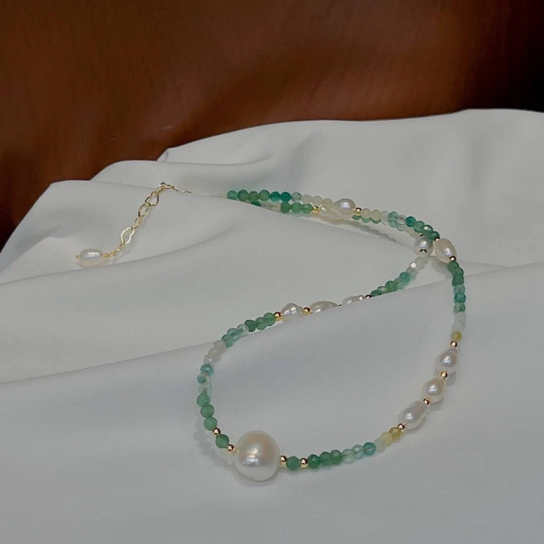 铜合金项链 《货号7326》ins小众简约渐变绿色珠珠项链