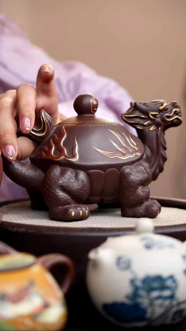 茶壶紫砂紫泥龙龟壶描金010