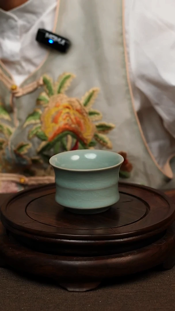 瓷片仿古天青竹节杯100ml 微瑕 不带礼盒