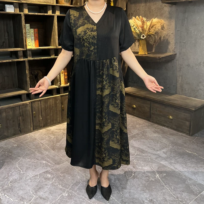 夏季印花连衣裙拼接旗袍大码妈妈装气质女装显瘦洋气中老年