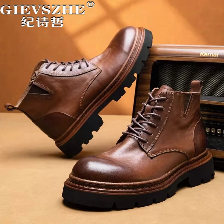 纪诗哲男鞋英伦拉链工装靴子休闲增高机车短靴男士厚底复古马丁靴
