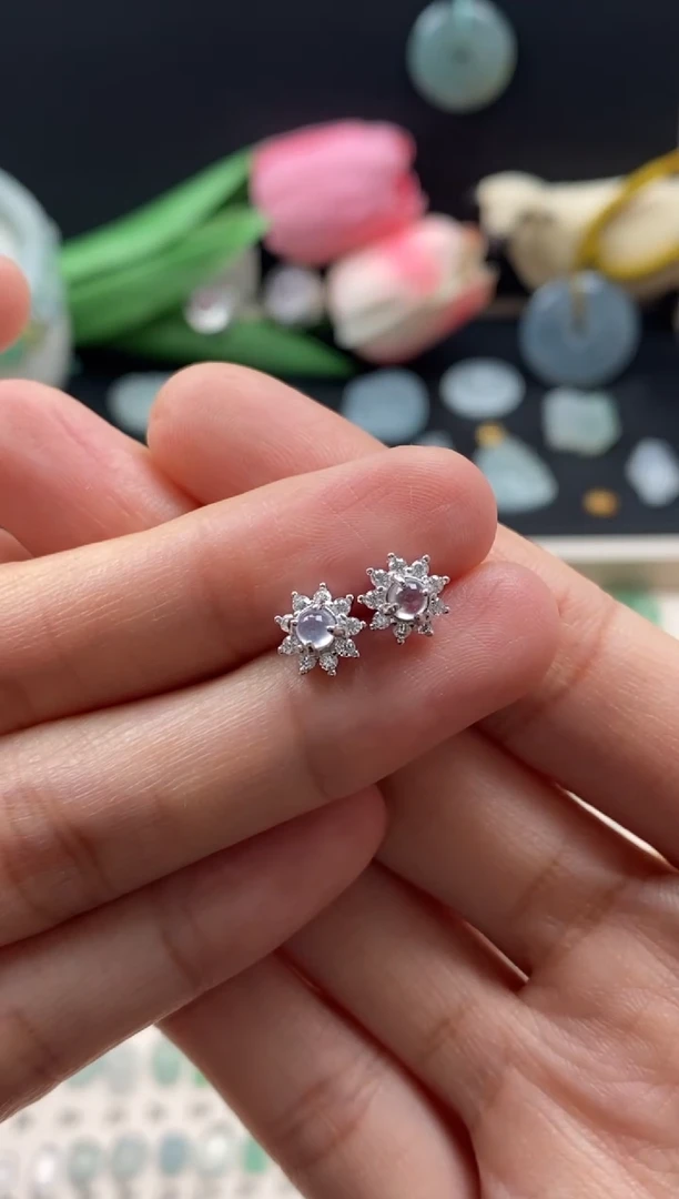 【闪购商品】翡翠耳饰银S925镶嵌翡翠白冰蛋面耳饰