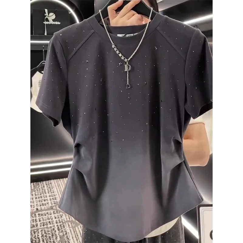 时尚渐变色上衣女2025夏季新款高级设计感显瘦百搭圆领短袖T恤潮