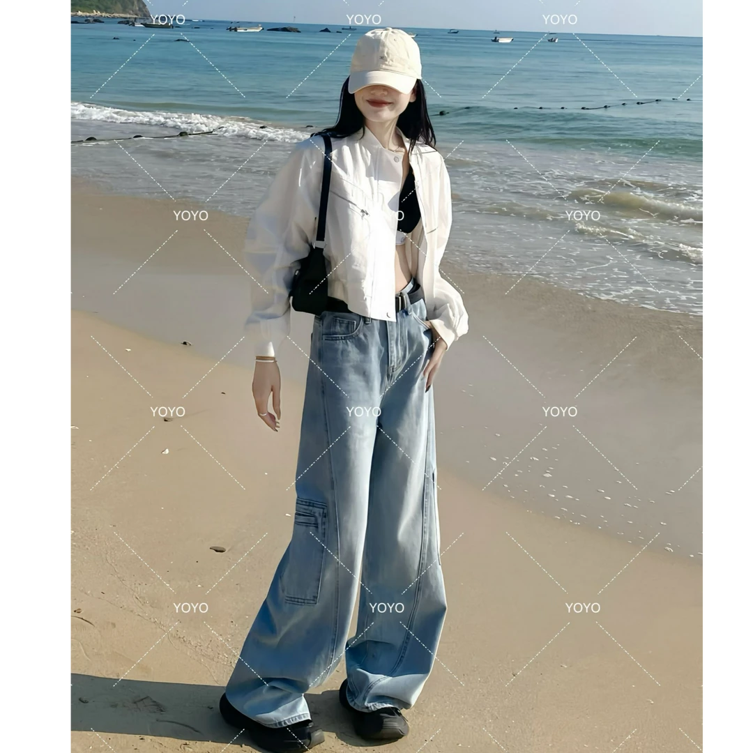 YOYO自制【修腿工装裤】春款2025小众显瘦炸街牛仔阔腿拖地工装裤