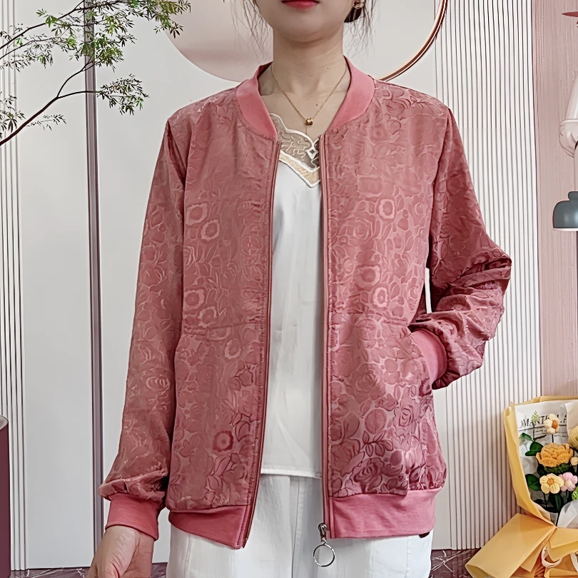 《双喜花罗》新款提花圆领短棒球服外套夏季休闲大码宽松防晒女上衣