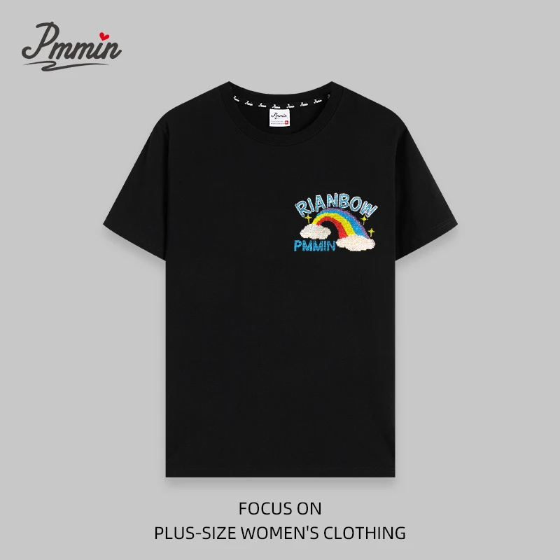 pmmin【胸前彩虹】女装大码设计潮牌烫钻短袖T恤 夏季