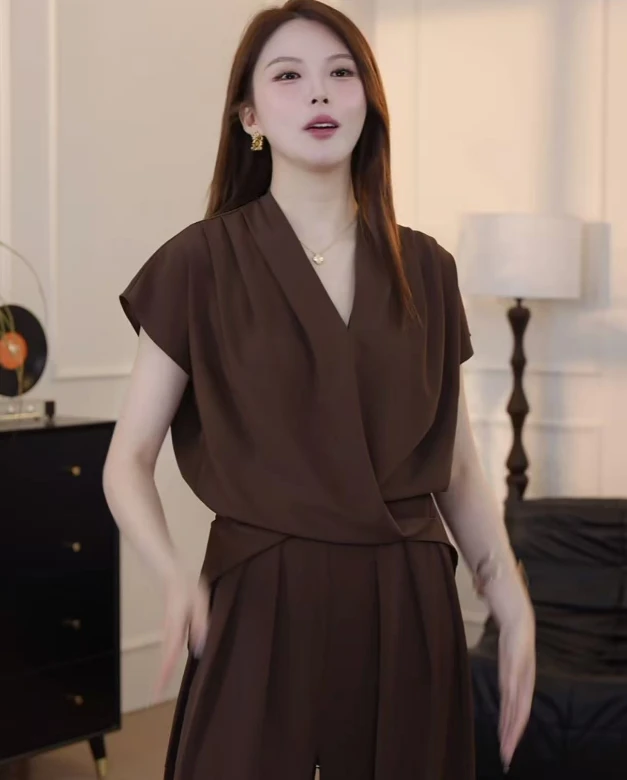 Q2025夏季新款胖mm大码女洋气时尚短袖高腰休闲阔腿裤套装22602