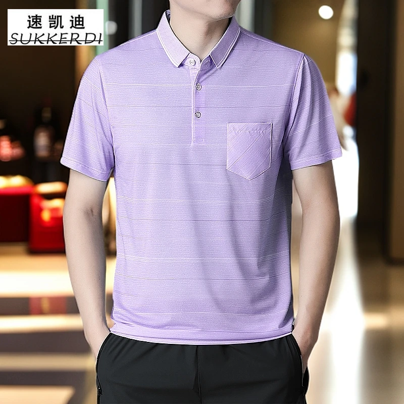 夏季短袖男士半袖中年翻领polo衫爸爸冰丝短袖宽松上衣中老年夏装